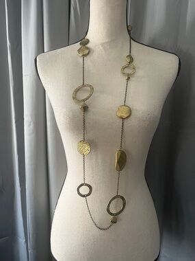 Long Gold Link Necklace with Hammered Discs